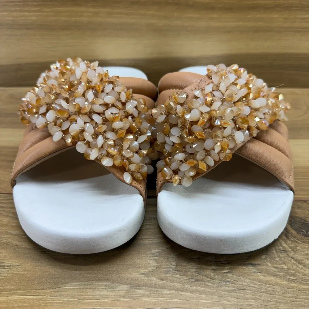 Tory Burch Logan Slide Sandals 9 M Tan Embellished Cross Strap Resort Vacation